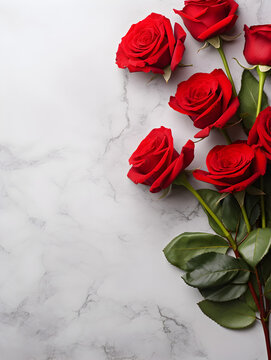 Red roses on white marble background with copy space