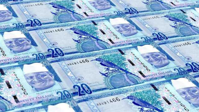 Gambia Gambian Dalasi 20 Banknotes Money Printing House, Printing Twenty Gambian Dalasi, Printing Press Machine Print out Gambian Dalasi, Being printed by currency press machine 20 Gambian
