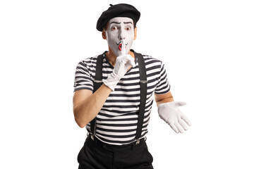Mime gesturing silence with finger over mouth