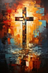 the holy cross, loving Christian faith, abstraction art piece, impasto, devotion to life, uplifting 