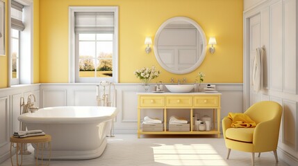 yellow bathroom, tub, vanity, mirror, window