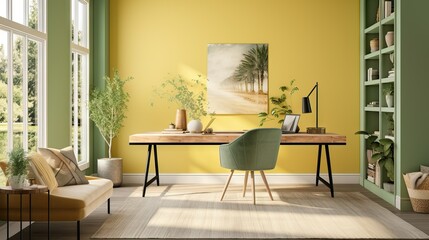 yellow home office with desk , work from home