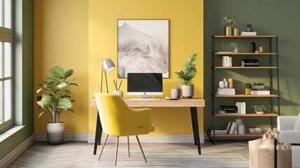 yellow and green home office with desk and computer by a window, work from home