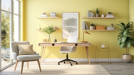 yellow home office with desk 