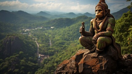 A majestic Hanuman idol carved into a mountain cliff, overlooking a valley.