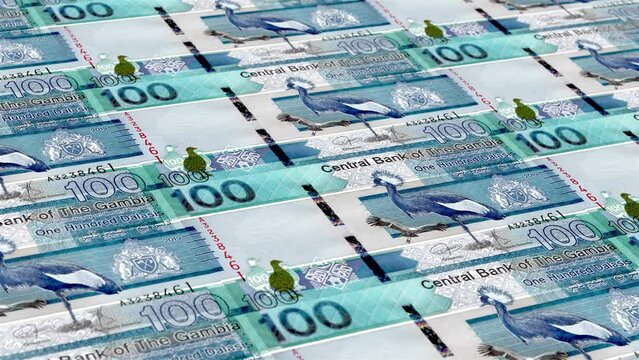 Gambia Gambian Dalasi 100 Banknotes Money Printing House, Printing One Hundred Gambian Dalasi, Printing Press Machine Print out Gambian Dalasi, Being printed by currency press machine 100 Gambian