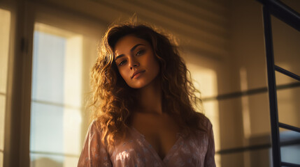 Portrait of a beautiful young woman with curly hair in a silk robe. - obrazy, fototapety, plakaty