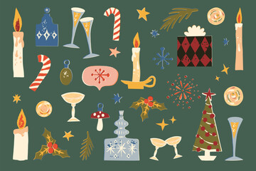 Cute retro Christmas clipart set with holiday dinner attributes, Christmas tree baubles, gift boxes. Vector collection.