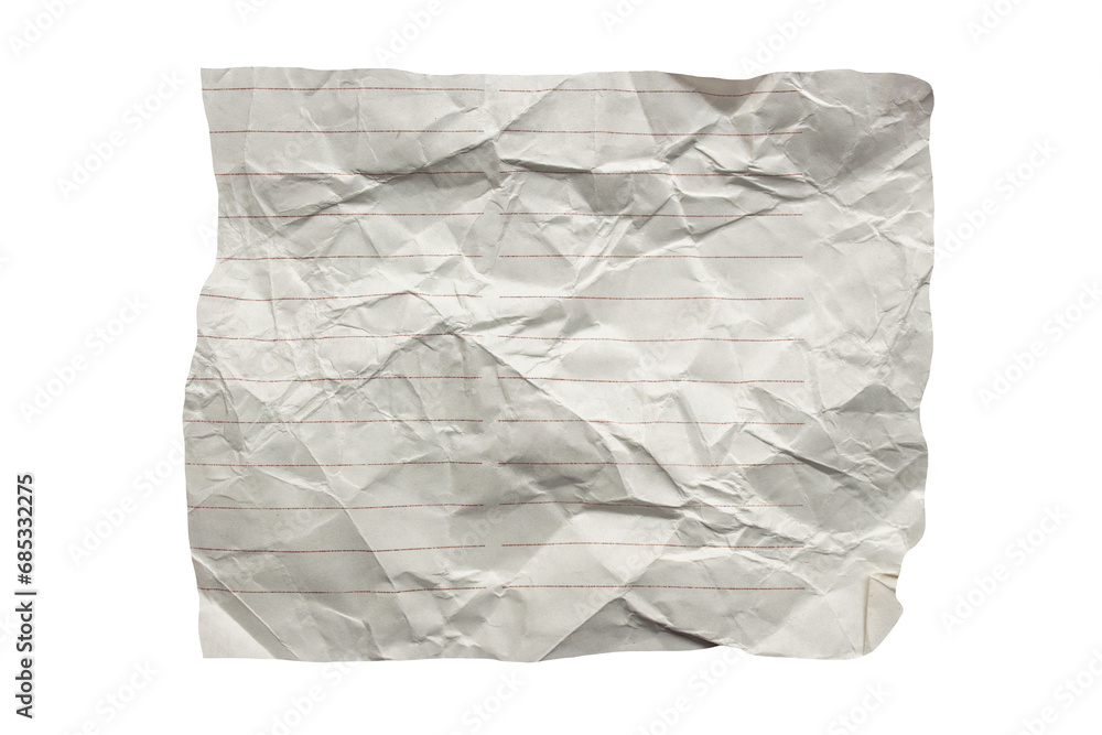 Poster crumpled lined torn notebook page sheet on transparent background with copy space