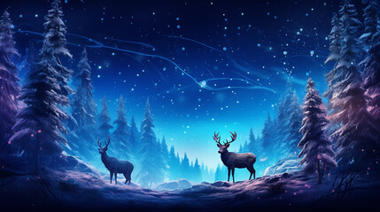 Fototapeta na wymiar Winter landscape with deer in the forest at night background.