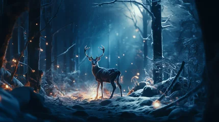 Schilderijen op glas Winter landscape with deer in the forest at night background. © alexkich