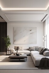 A minimalist living room with a subtle false ceiling design, emphasizing simplicity and elegance.