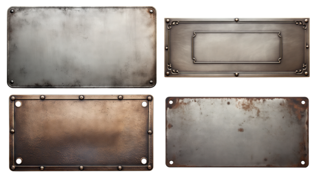 Set of metal plates with rusted surfaces, cut out