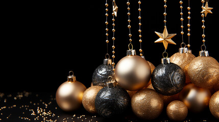 Christmas Flat Lay Background. Baubles and decor on Dark Black Background. Minimalistic design. Copy Space. Horizontal.