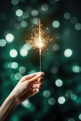 Female hand holding long sparkler, Christmas banner with copy space, bright holiday lights, Christmas tradition.