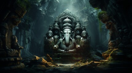Obraz premium A mystical cave deep within the mountains, housing an ancient Ganesh idol, hidden from the world for centuries.