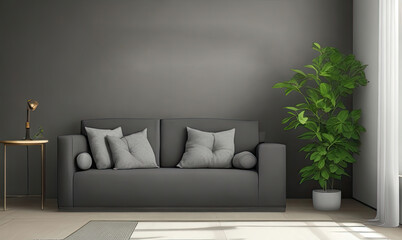Decorative Living Room with Cozy Greenery and Empty Sofa. Indoor Living Room with Stylish Sofa Bed and Art on the Wall