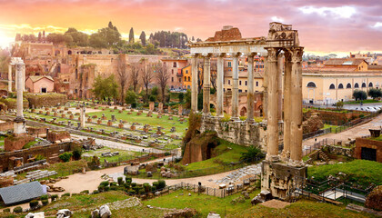 Rome, Italy. Sunset in Ancient Roman Forum. Antique structures with columns. Wrecks of ancient...