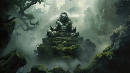 A mystical forest shrouded in mist, with Hanuman's image subtly hidden. - obrazy, fototapety, plakaty