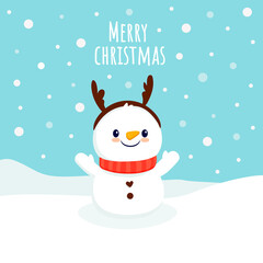  Cute cartoon snowman with a scarf and snowflakes, isolated . Flat design. Christmas illustration