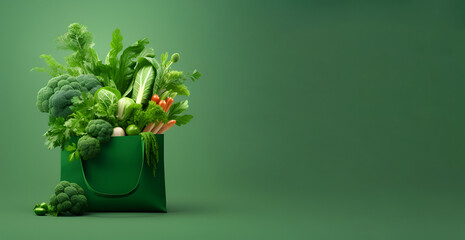 Shopping bag with fresh vegetables and greens on a green background - obrazy, fototapety, plakaty