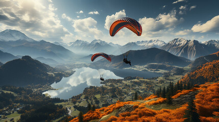 Alpine Serenity: Paraglider Silhouette Soaring Through the Air Amidst Stunning Mountain Vistas. Generative AI. - obrazy, fototapety, plakaty