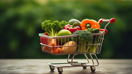 A shopping cart brimming with vegetables against a backdrop of natural greenery