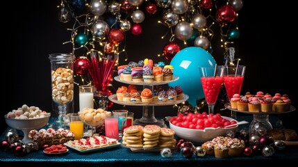 Fototapeta na wymiar A New Year's dessert table, overflowing with a delectable assortment of sweets, treats, and colorful decorations.