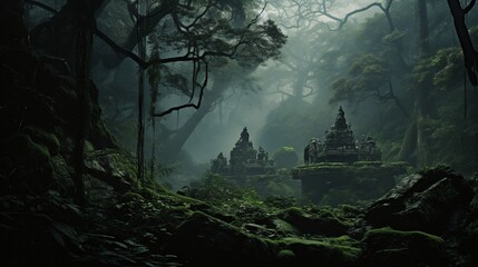 A mystical forest shrouded in mist, with Hanuman's image subtly hidden. - obrazy, fototapety, plakaty