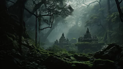 Foto op Aluminium A mystical forest shrouded in mist, with Hanuman's image subtly hidden. © Mustafa_Art