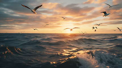 a group of birds flying over the ocean