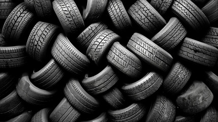 Garbage from a pile of black old car tires. Ecological problems. Old car tires thrown into an industrial landfill for recycling.