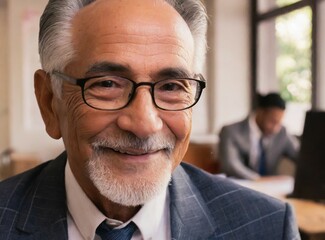 Senior Latin businessman elegant executive boss, confident smiling expression face closeup, hoary bearded manager in suit working at office with teamwork, at corporate meeting