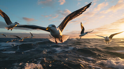 a group of birds flying over the ocean - obrazy, fototapety, plakaty