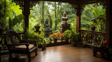 A peaceful balcony overlooking a garden filled with lush greenery, with Krishna statues peeking out from between the plants.