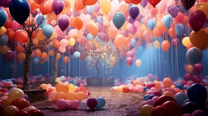 Fototapeta na wymiar Festive birthday party setting adorned with realistic floating balloons in a spectrum of bright hues