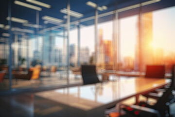 Beautiful blurred background of a light modern office interior with panoramic windows and beautiful lighting.