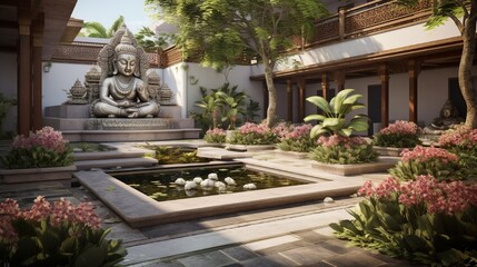 Fototapeta na wymiar A peaceful courtyard with a marble Hanuman statue and blooming lotus flowers.