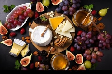Assorted cheese plate or charcuterie board with sliced varieties of cheese, figs, honey, sauce, and grapes. A delectable display of textures and flavors, perfect for a gourmet experience. - obrazy, fototapety, plakaty