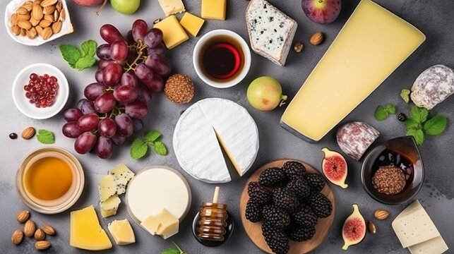 Assorted cheese plate or charcuterie board with sliced varieties of cheese, figs, honey, sauce, and grapes. A delectable display of textures and flavors, perfect for a gourmet experience.