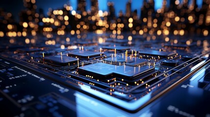 3d illustration of microprocessor on the background of the city.