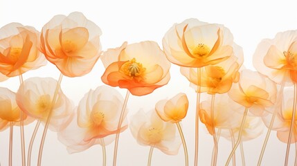 Macro view of ranunculus petals, capturing the translucent quality of their delicate structure against a pristine white background, a celebration of nature's artistry.--ar 169 --v 5.2