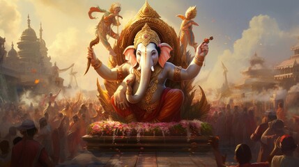 A picturesque Ganesh procession, with a beautifully adorned idol carried on a bedecked elephant amidst a cheering crowd. - Powered by Adobe