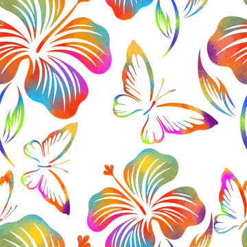 Seamless background of colored flowers with butterflies. hand drawing. Not AI, Vector illustration
