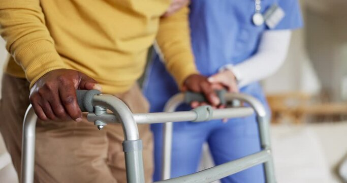 Nurse, hands and helping in elderly care with walker in living room for support or trust at old age home. Closeup of person, doctor or medical caregiver walking with patient for nursing help at house