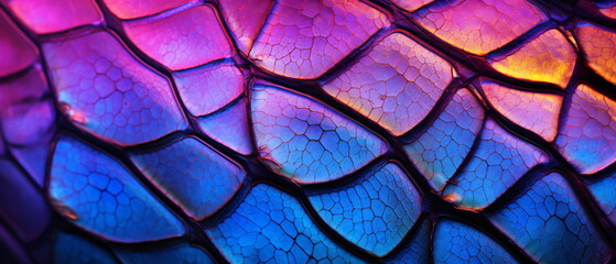 Macro Close Up Photograph of purple butterfly wing, vibrant butterfly wing pattern magnified in extreme close up macro photography, elegance and beauty in nature design. Generative ai - obrazy, fototapety, plakaty