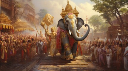 A picturesque Ganesh procession, with a beautifully adorned idol carried on a bedecked elephant amidst a cheering crowd. - obrazy, fototapety, plakaty