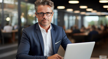 Successful businessman portrait in office. Confident, attractive, professional person with office interior blur at the background 