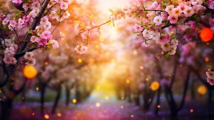 Orchard abstract blurred background featuring vibrant apple orchard in full bloom