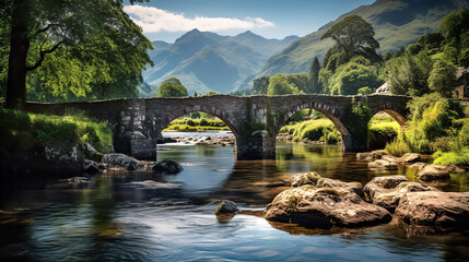 Old medieval stone bridge and Highlands river, English rural landscape   - obrazy, fototapety, plakaty